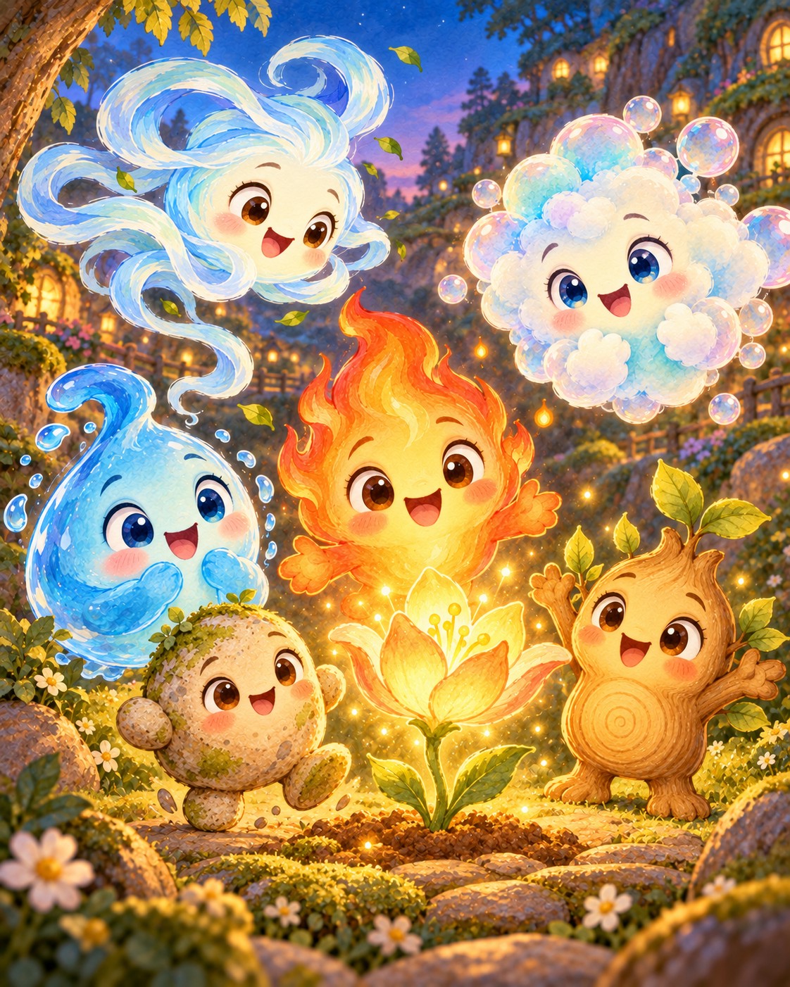 The six friends gather around a golden flower shining in the little garden