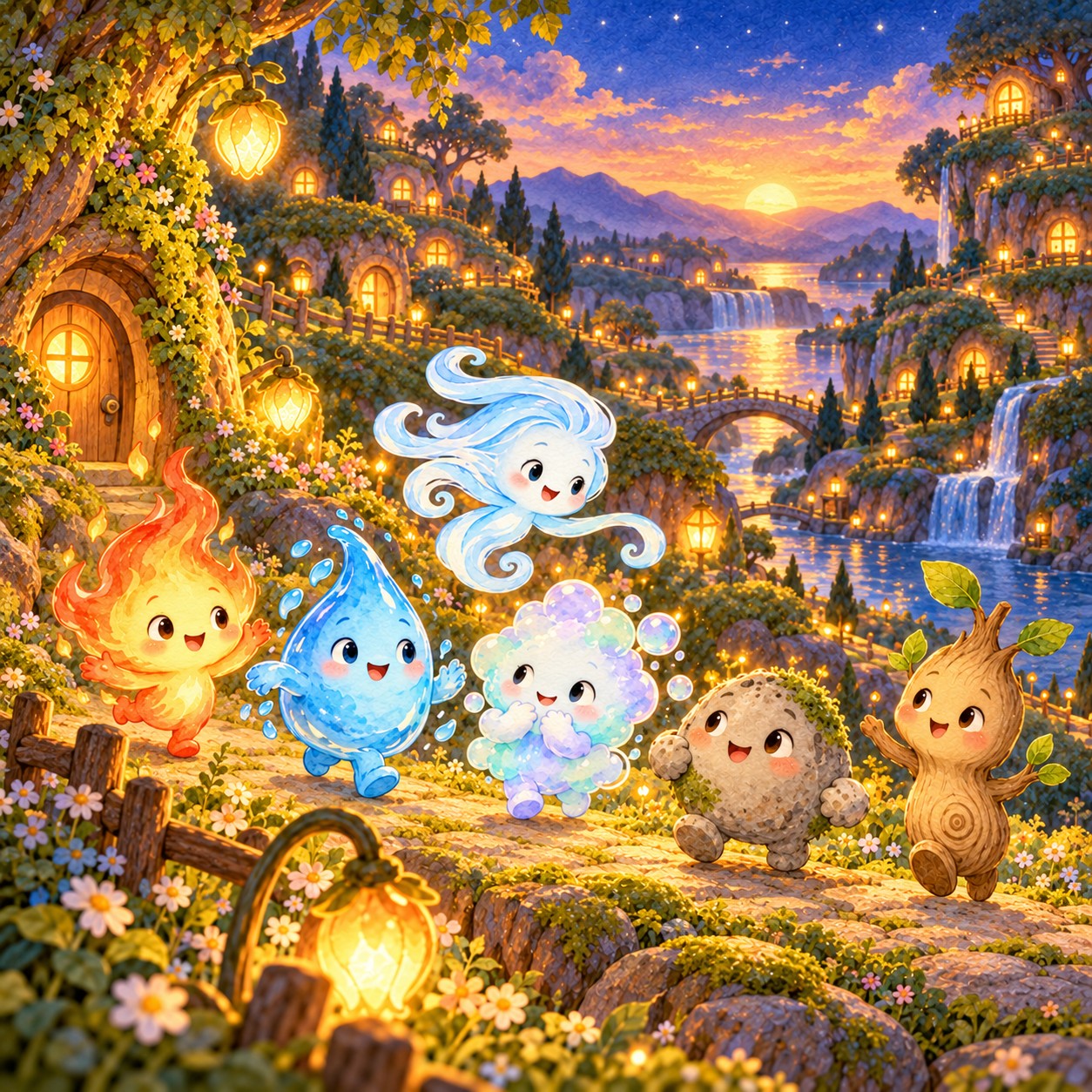 The six friends together on a flower-lined path through lantern-lit Element Hollow