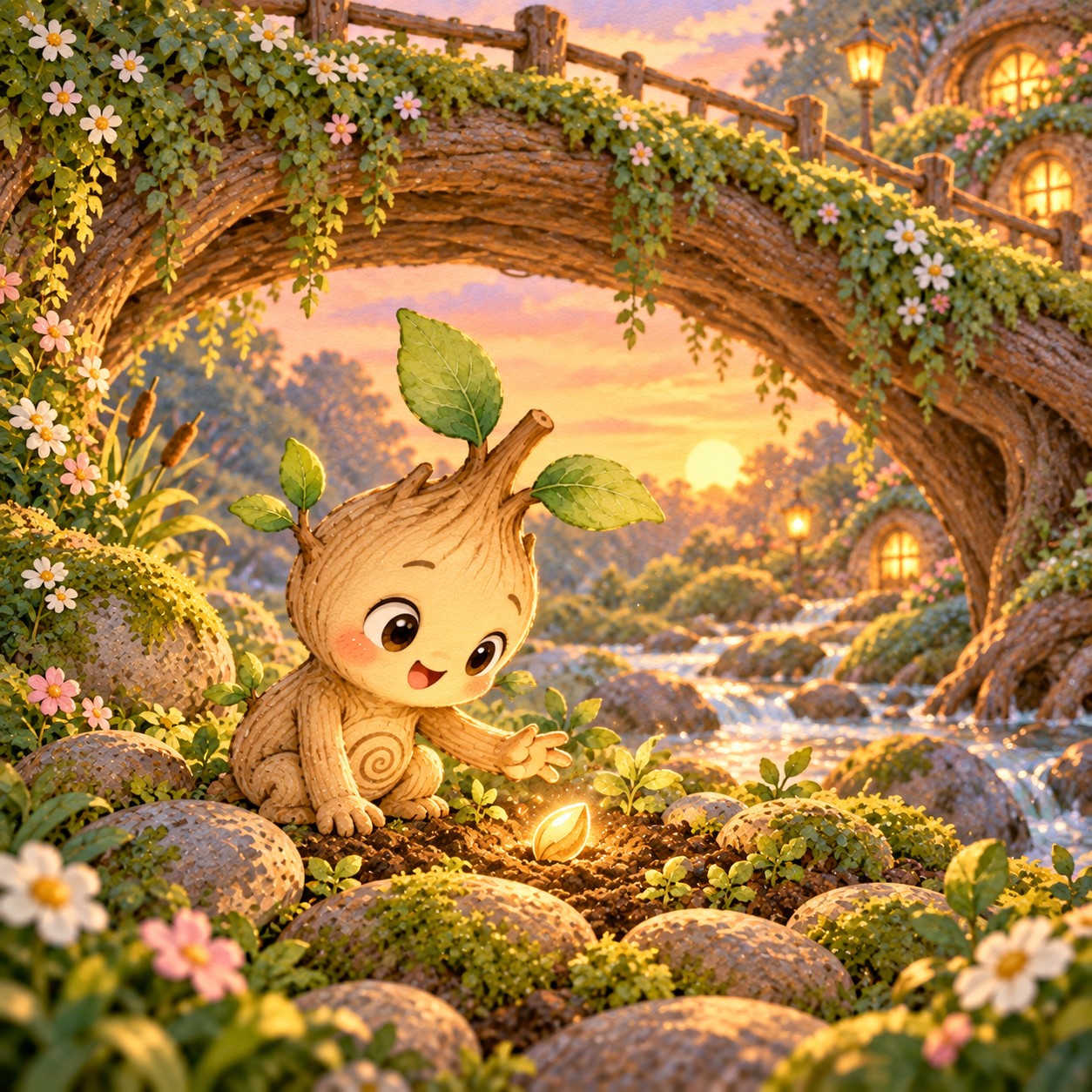 Sprig discovers a glowing golden seed beneath the Old Root Bridge