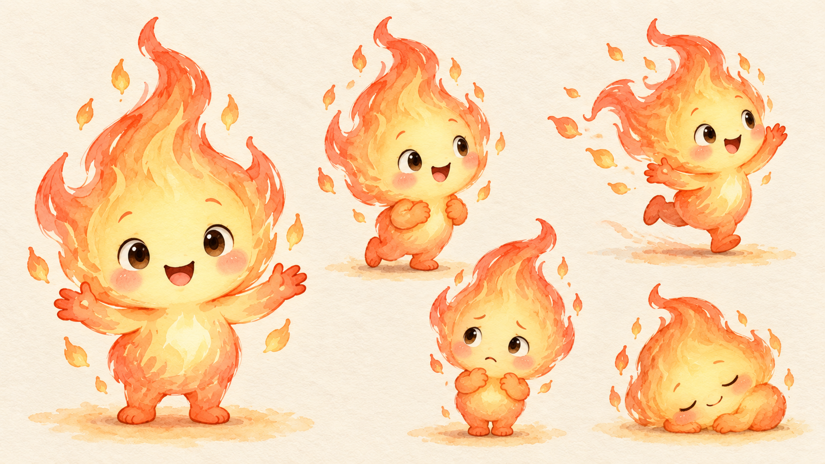 Flami character artwork showing different emotions