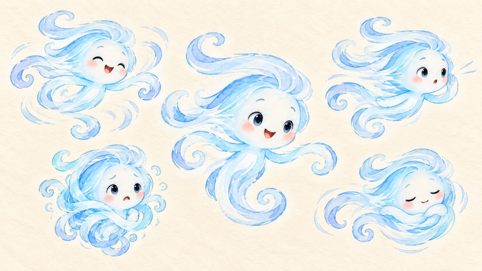 Wisp character artwork showing different emotions