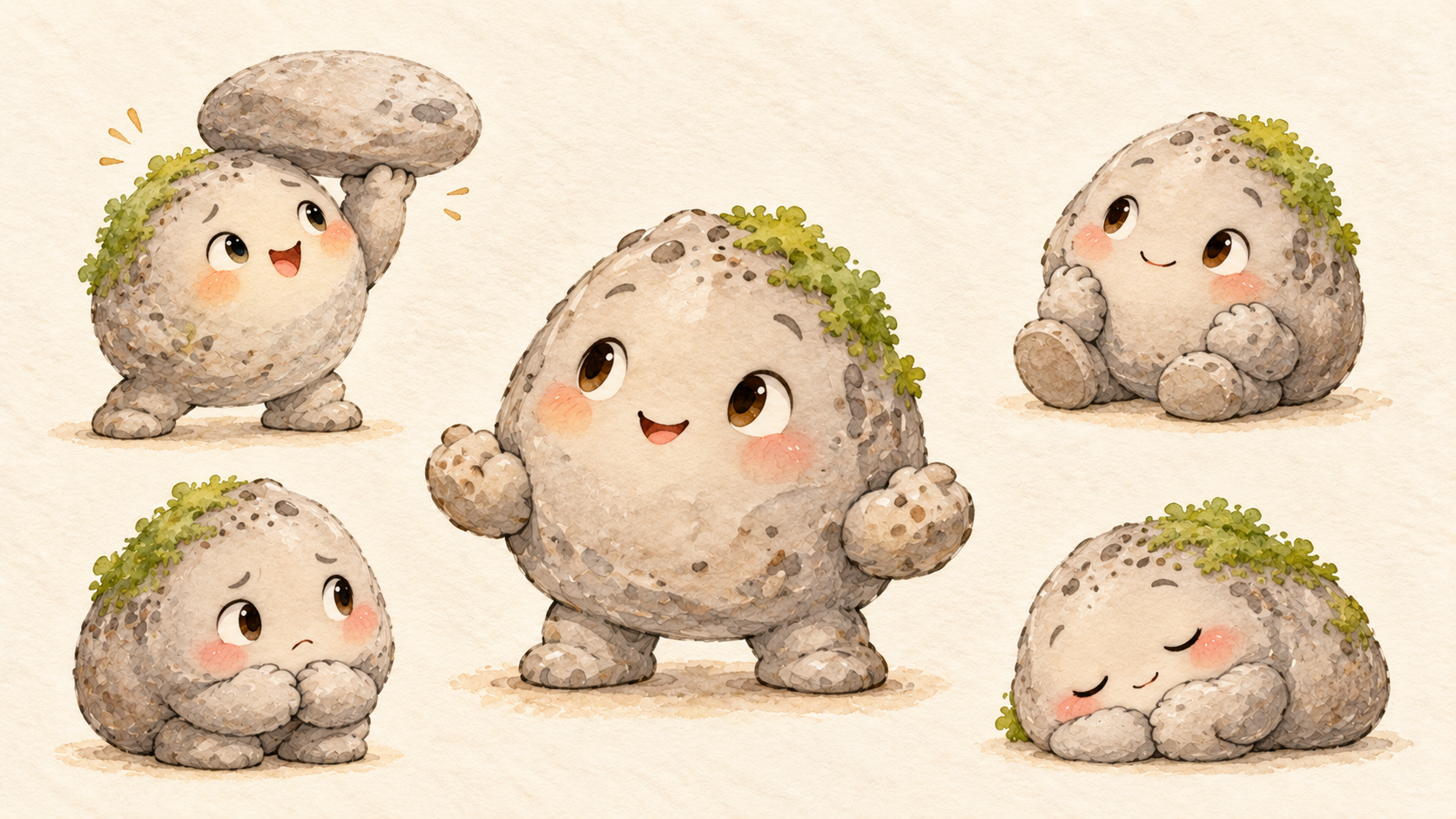 Pebble character artwork showing different emotions