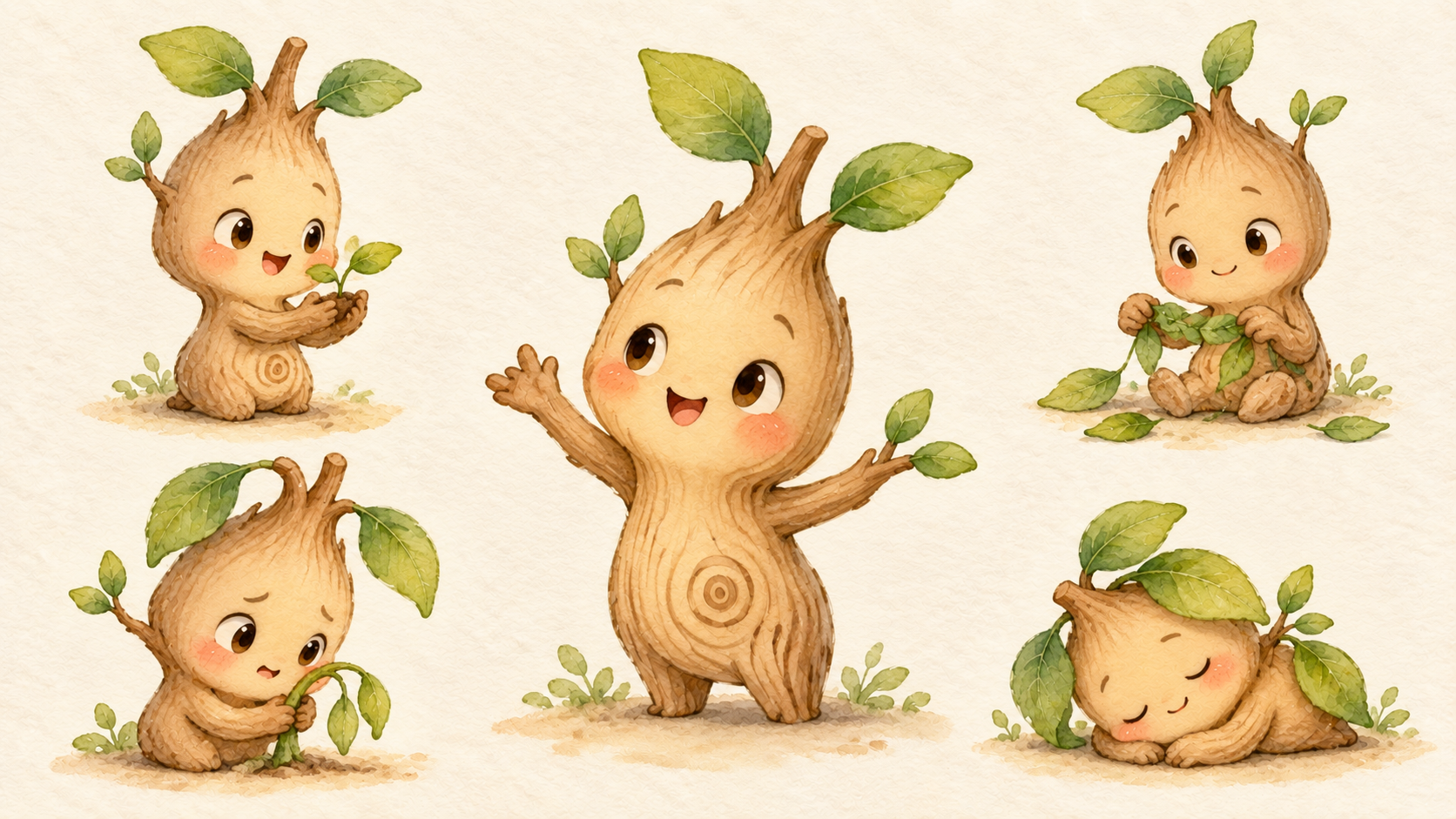 Sprig character artwork showing different emotions