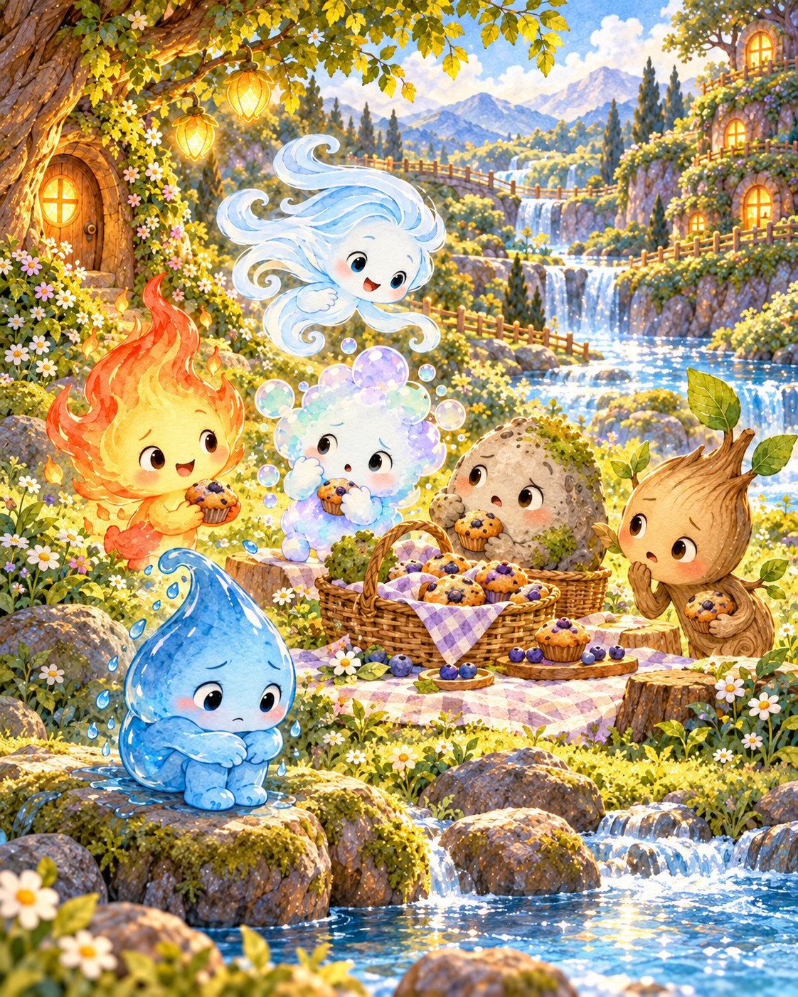 The friends and a picnic basket beside the stream, with Ripple feeling heavy